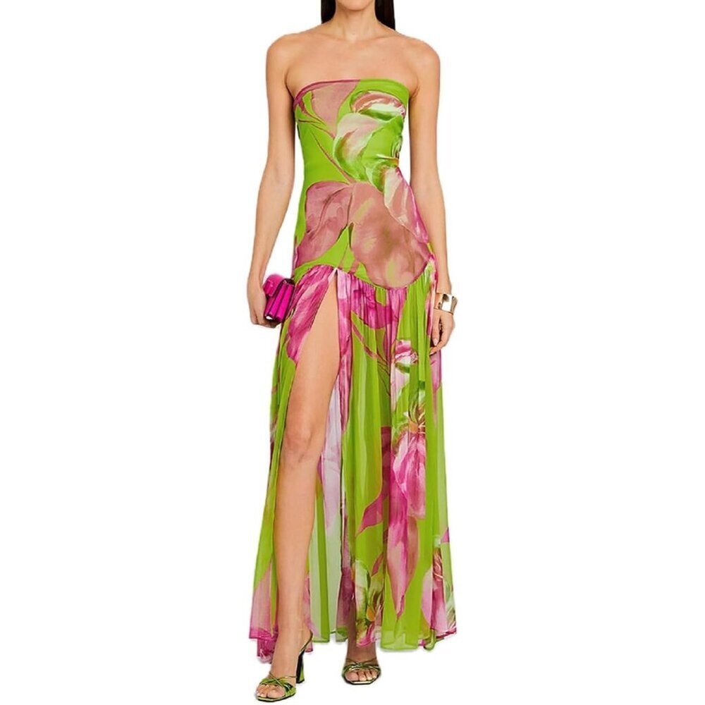 Women Strapless Tube Top Tiger Stripe Green Maxi Dress Sexy High Party Dress